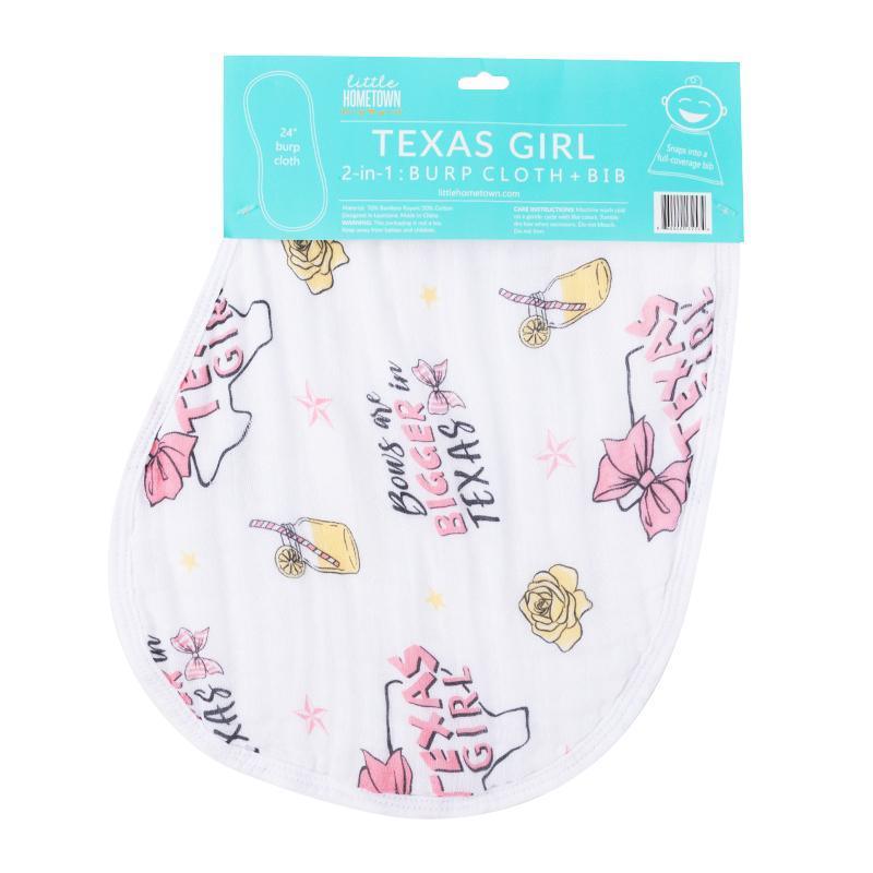 Texas-themed baby girl gift set with a muslin swaddle blanket and burp cloth, featuring pink and white designs.