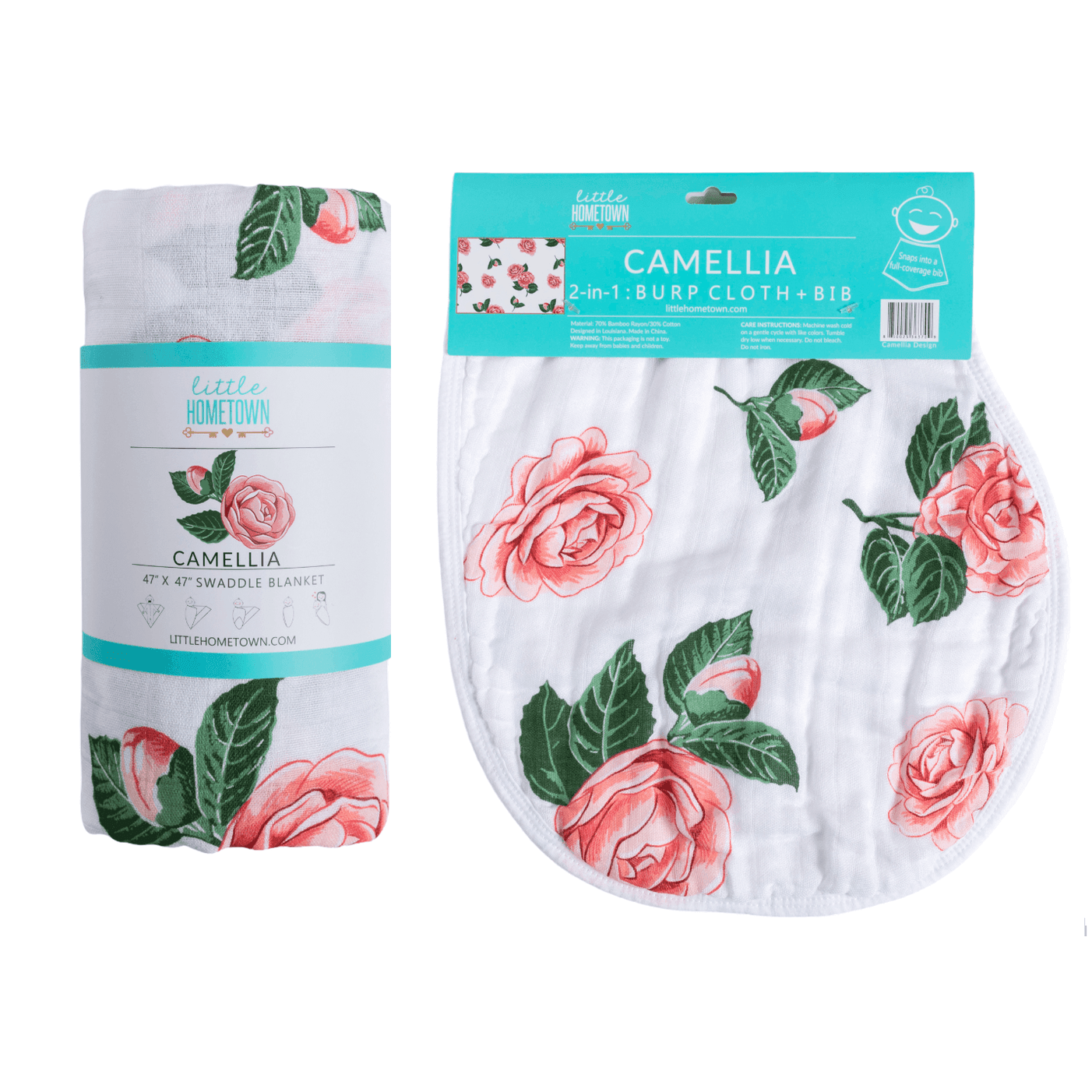 Camelia baby muslin swaddle blanket and burp cloth set with floral design, neatly folded on a white background.