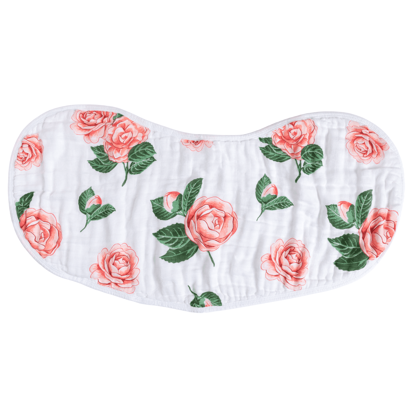 Gift set with a camellia-patterned baby muslin swaddle blanket and matching burp cloth/bib combo in soft pastels.