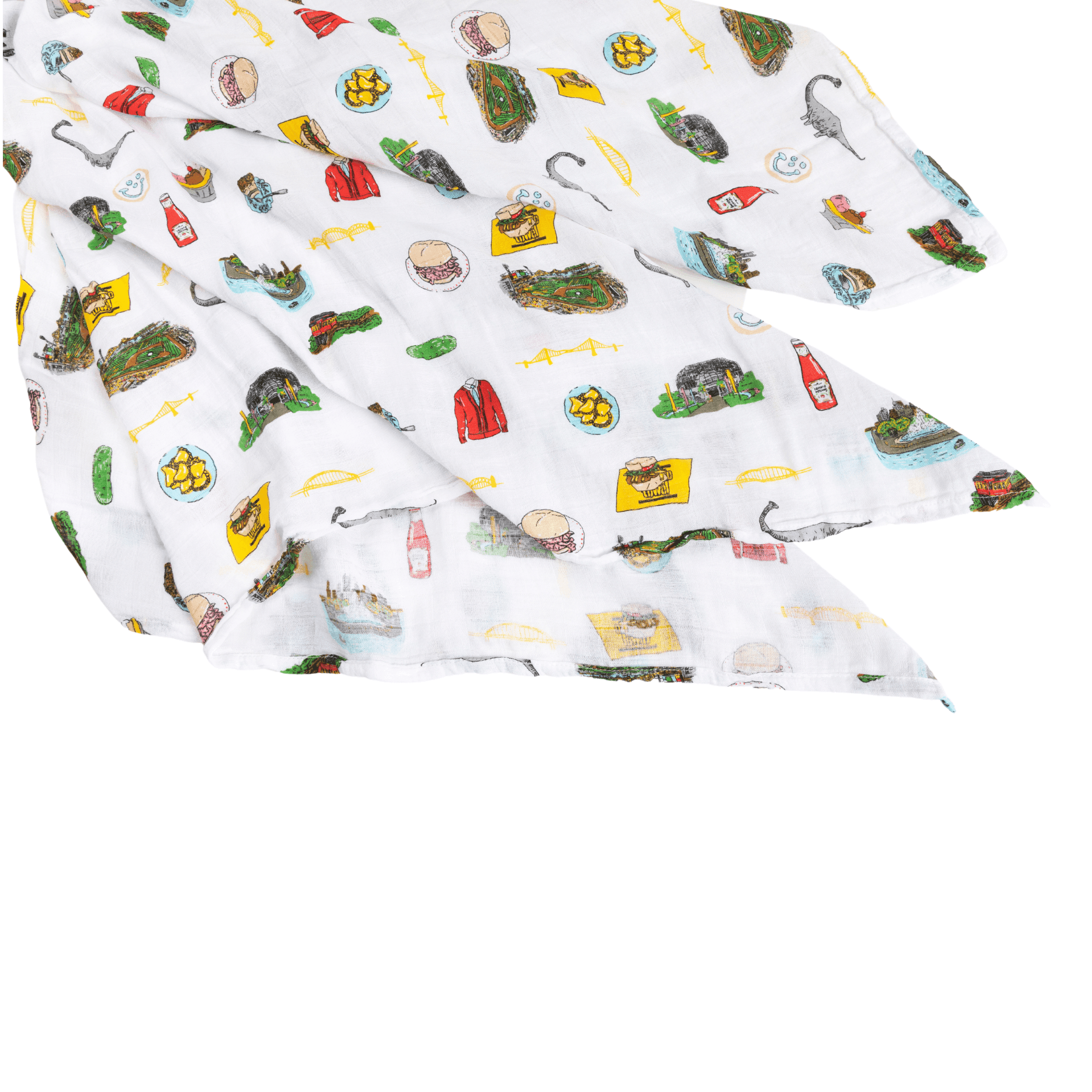 Pittsburgh-themed baby gift set with muslin swaddle blanket and burp cloth, featuring city icons and landmarks.