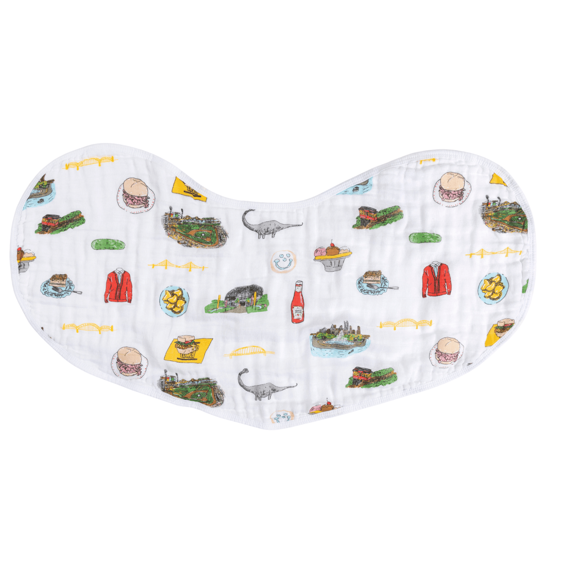 Pittsburgh-themed baby gift set with a muslin swaddle blanket and burp cloth, featuring city landmarks and icons.