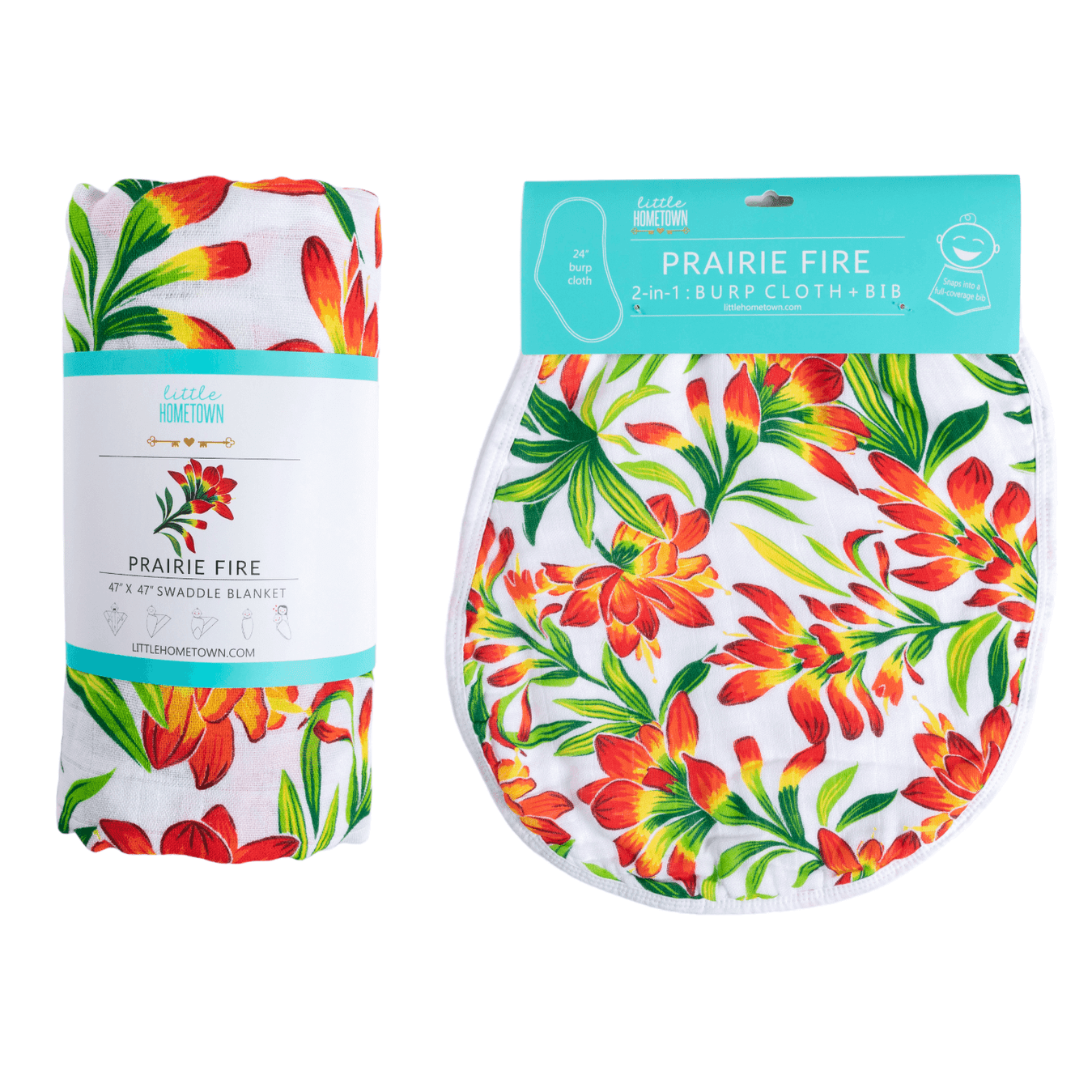 Prairie Fire baby muslin swaddle blanket and burp cloth set with vibrant floral design on a white background.
