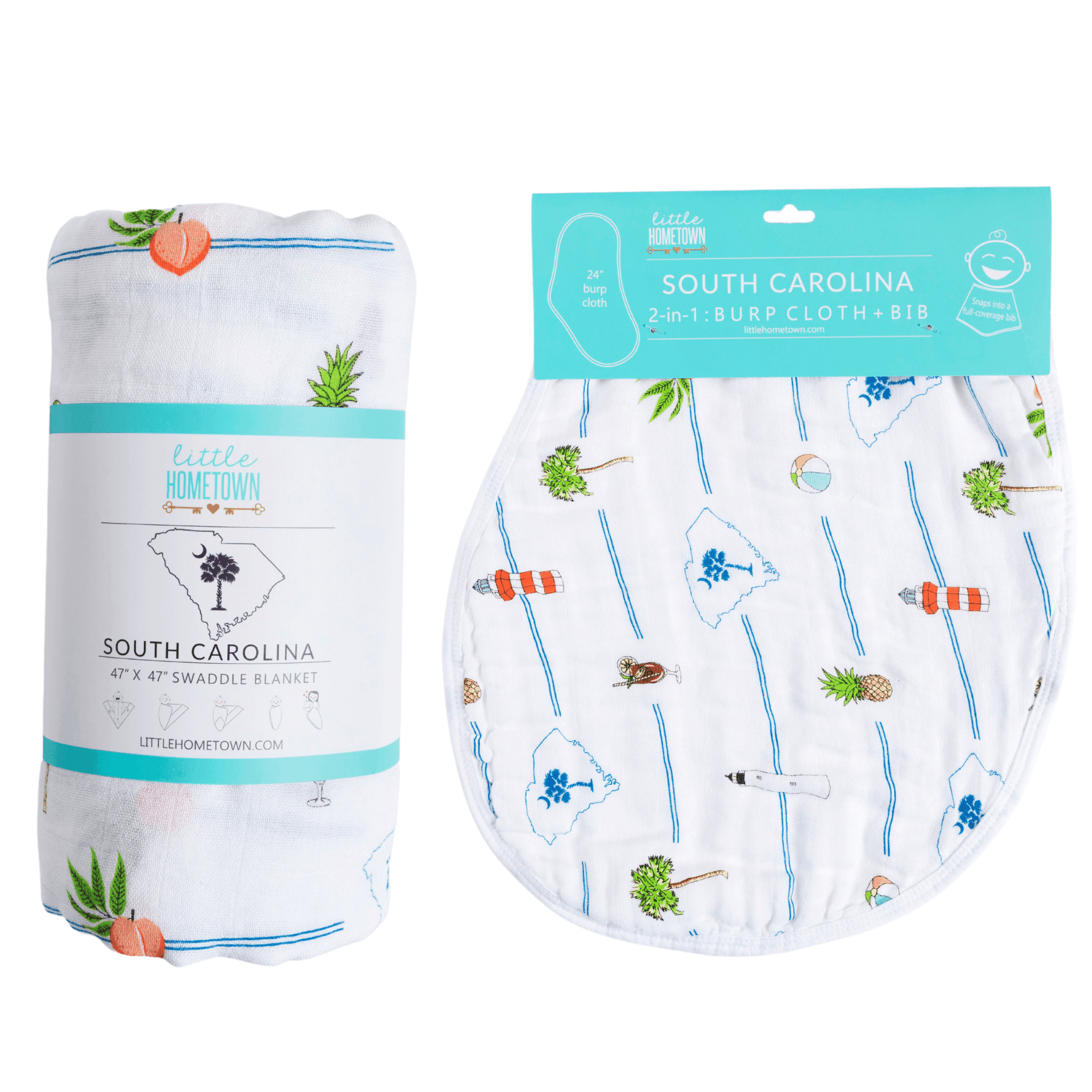 South Carolina-themed baby gift set with muslin swaddle blanket and burp cloth, featuring state icons and landmarks.