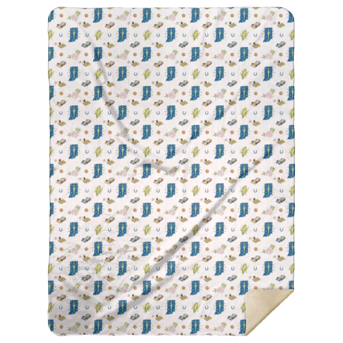 Indiana-themed plush throw blanket with state icons like corn, race cars, and basketballs on a soft, cozy fabric.