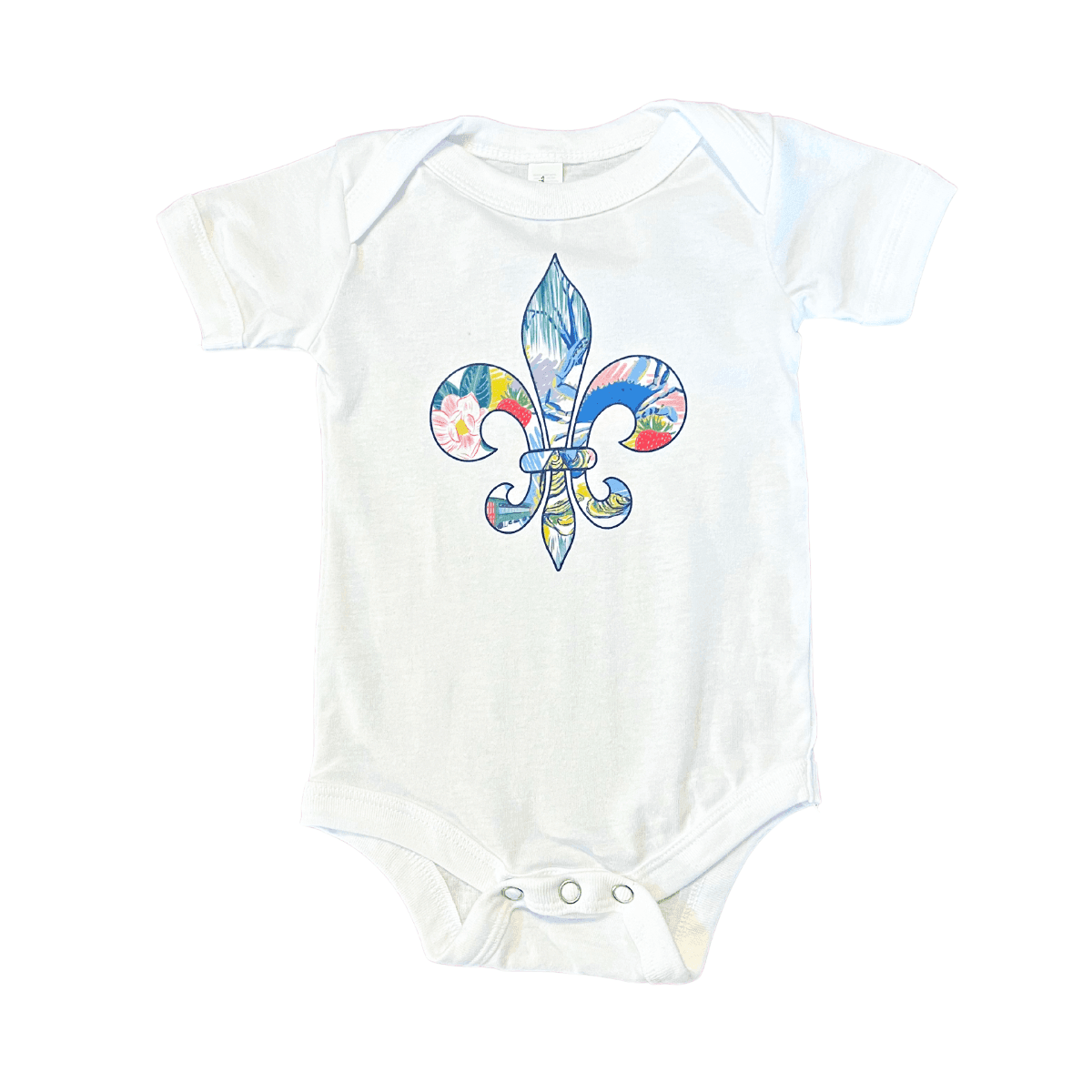 The Louisiana fleur de lis baby onesie in white, its watercolor crest full of local details.