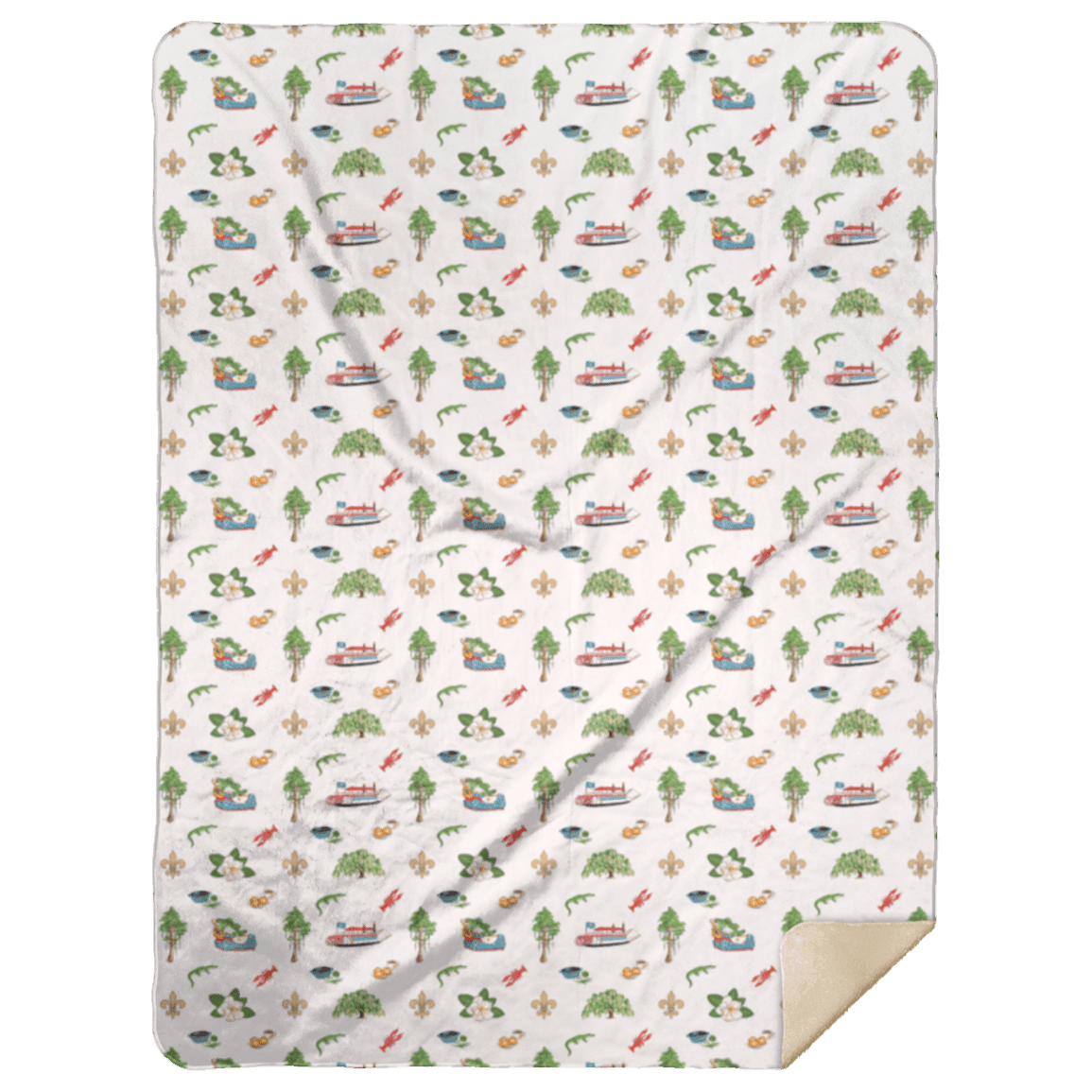 Cozy Louisiana-themed plush throw blanket with state icons and landmarks like crawfish, fleur de lis, alligators, magnolia trees, Cyprus trees, and a riverboat, 60x80 inches, by Little Hometown.