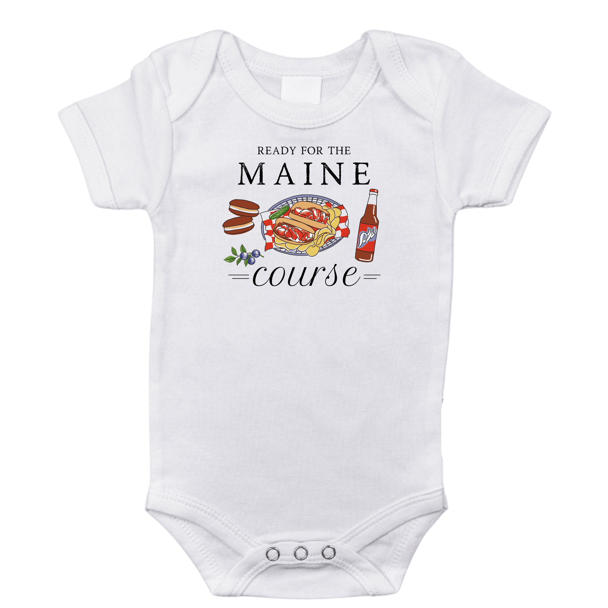 White baby onesie with "Maine Course" text and a lobster graphic, evoking a playful and regional charm.