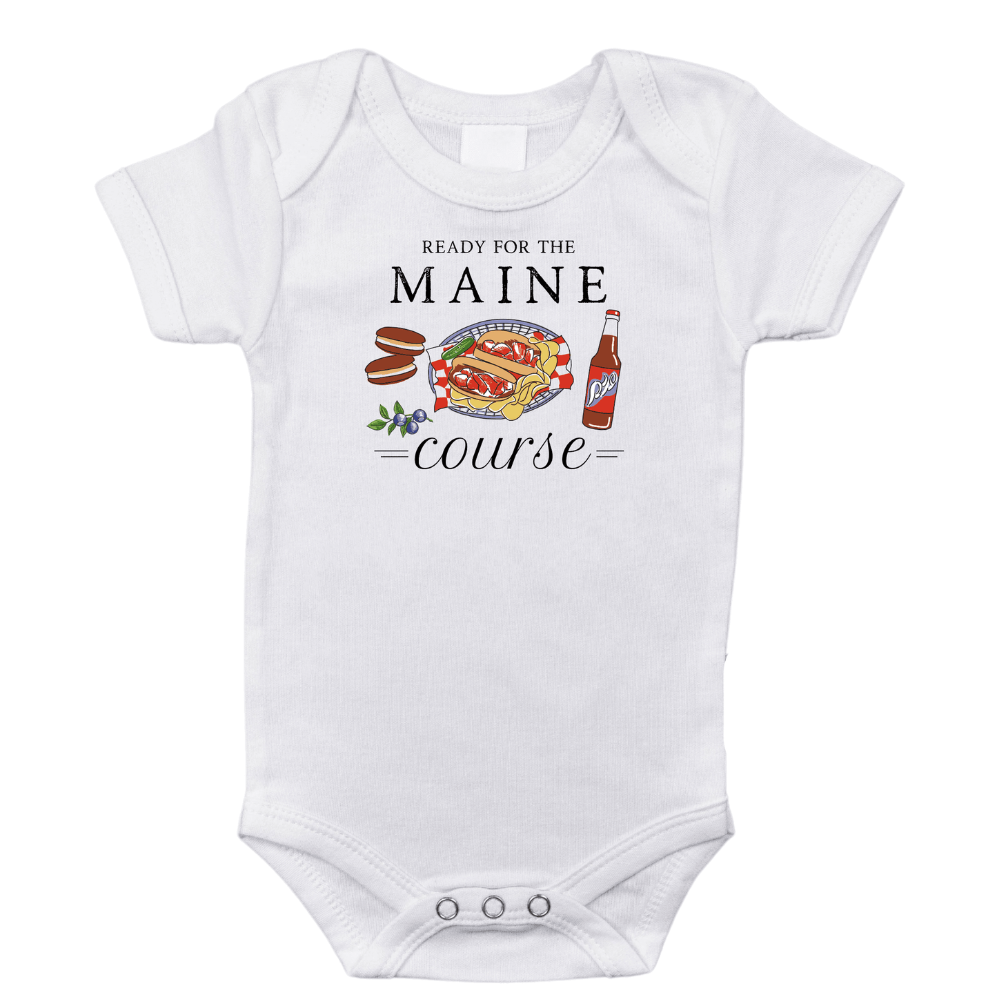A crisp white baby onesie with a lobster dinner design reading ready for the Maine course.