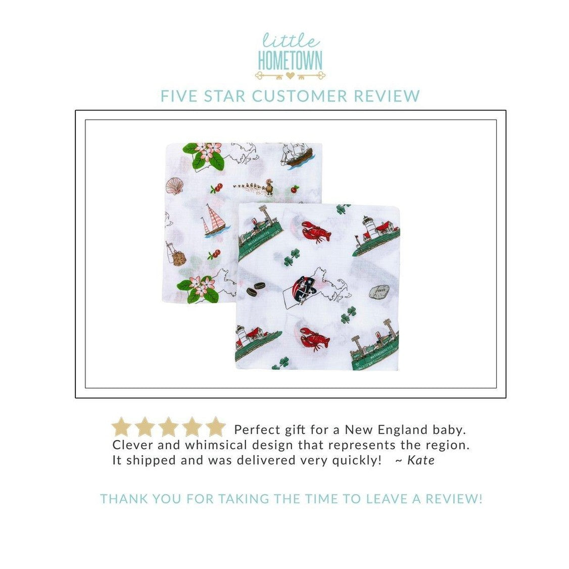 Massachusetts-themed muslin swaddle blanket with floral design, featuring state map and landmarks in pastel colors.