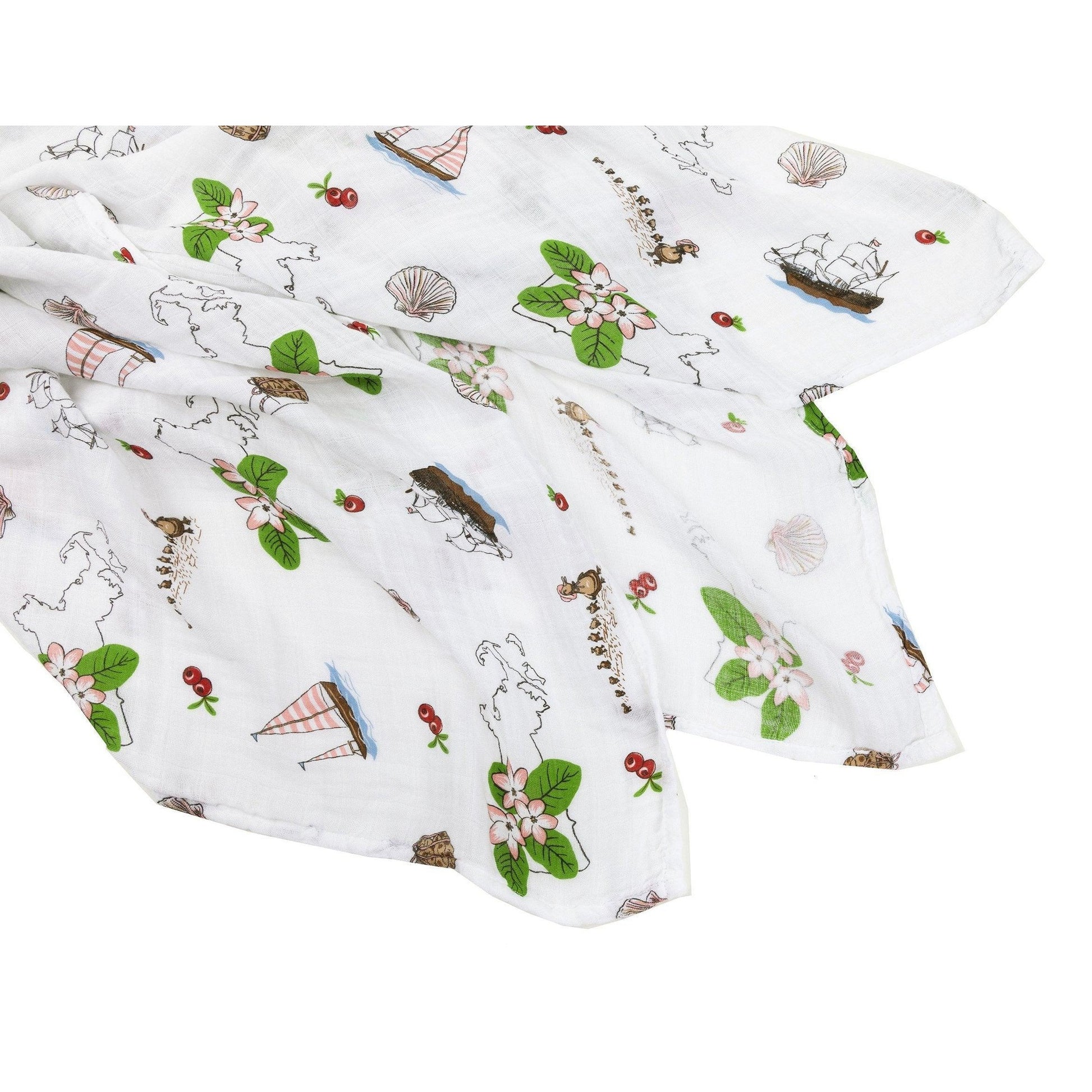 Massachusetts-themed muslin swaddle blanket with floral design, featuring state symbols and landmarks in pastel colors.