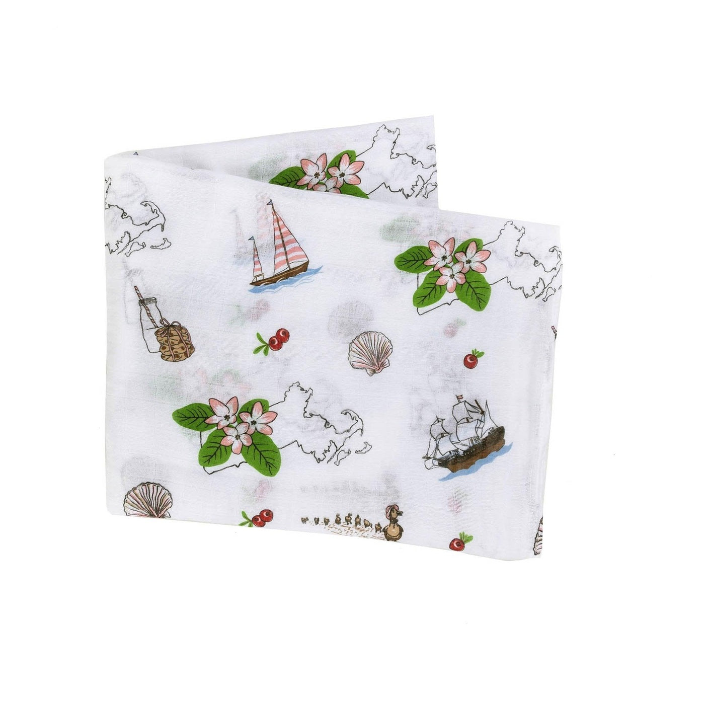 Soft muslin swaddle blanket with a floral design featuring Massachusetts state symbols, including the mayflower.