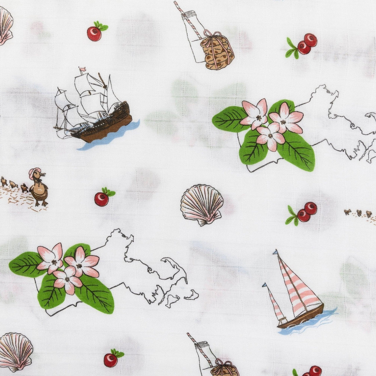 White muslin swaddle blanket with colorful floral print and "Massachusetts" text, folded neatly.