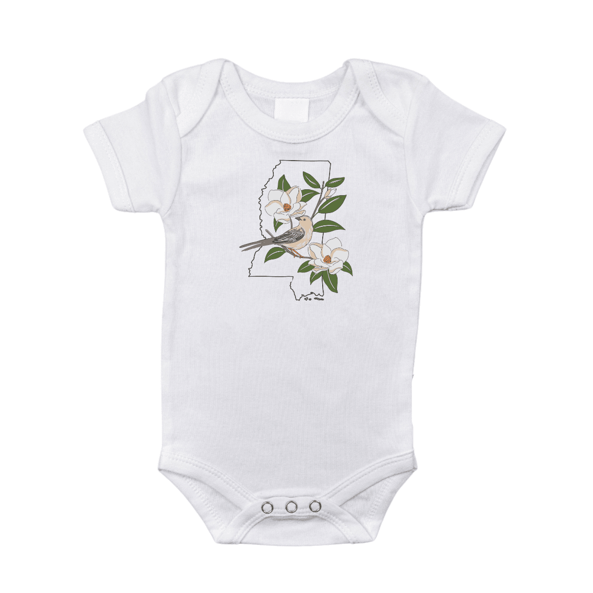 The Mississippi baby onesie in white, printed with the state shape and a magnolia bloom in flower.