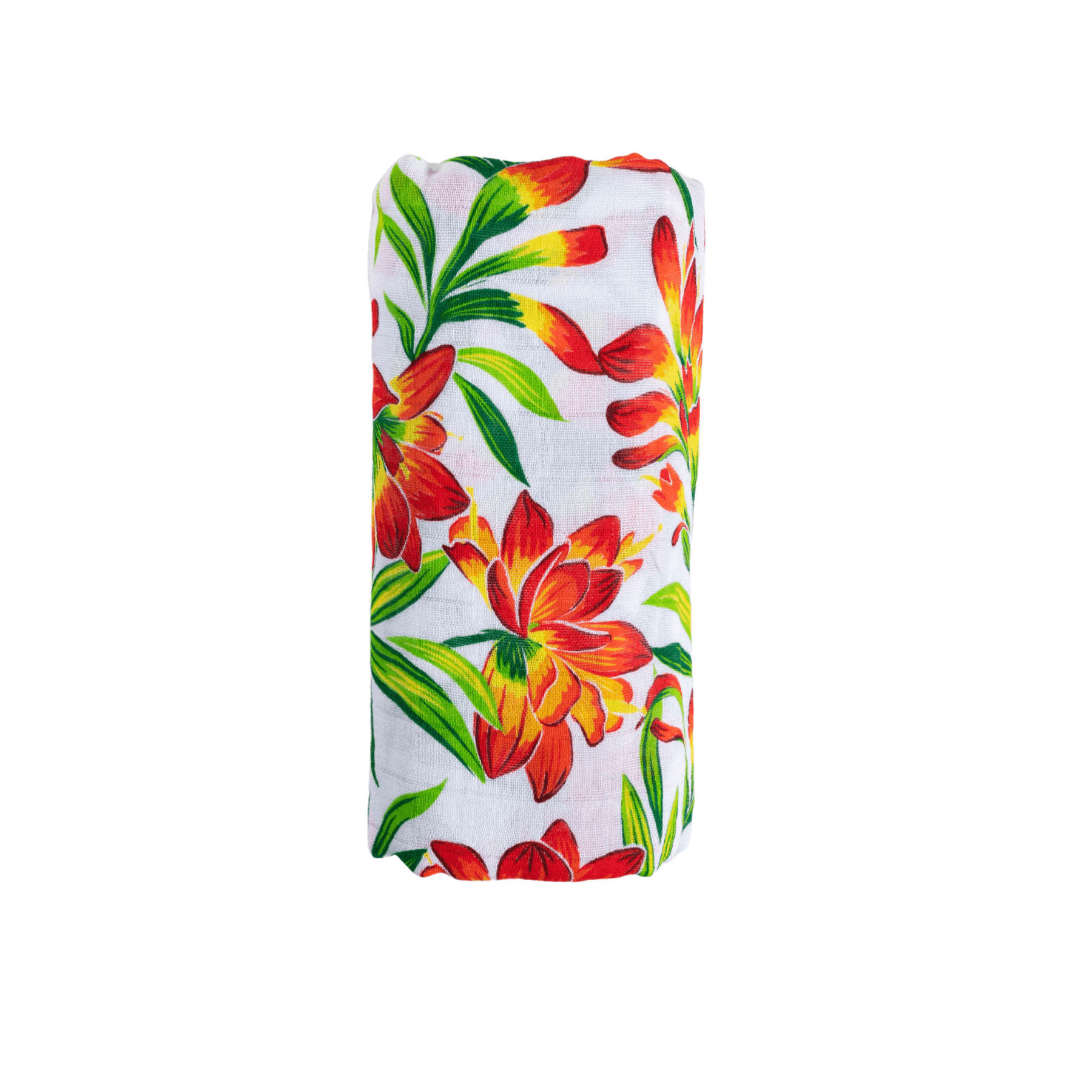 Muslin swaddle baby blanket with a prairie fire design, featuring vibrant red and orange floral patterns.