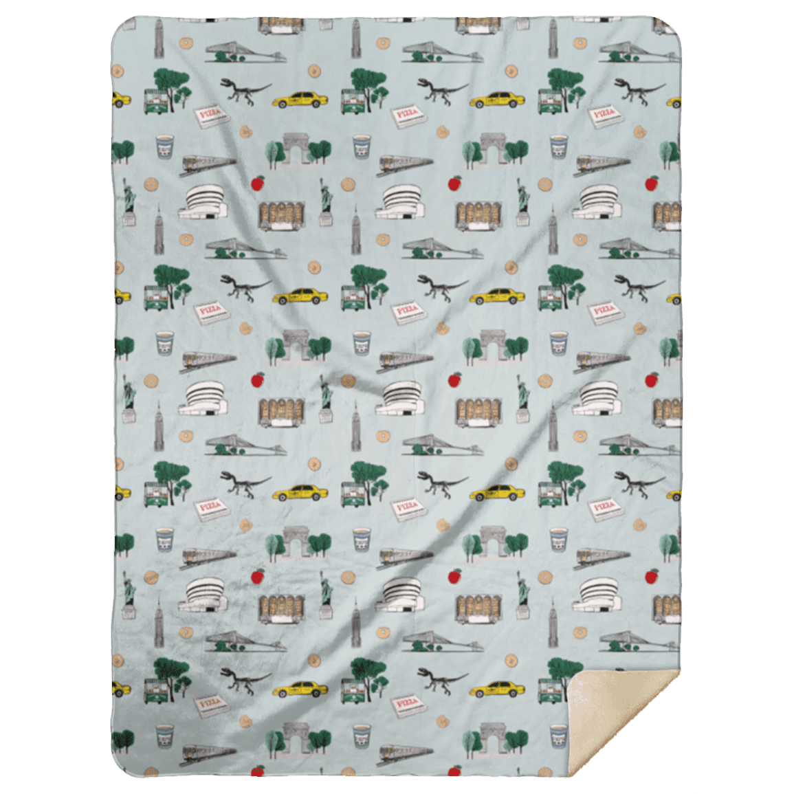 The New York City plush throw blanket, covered in tiny hand drawn landmarks and yellow taxis.