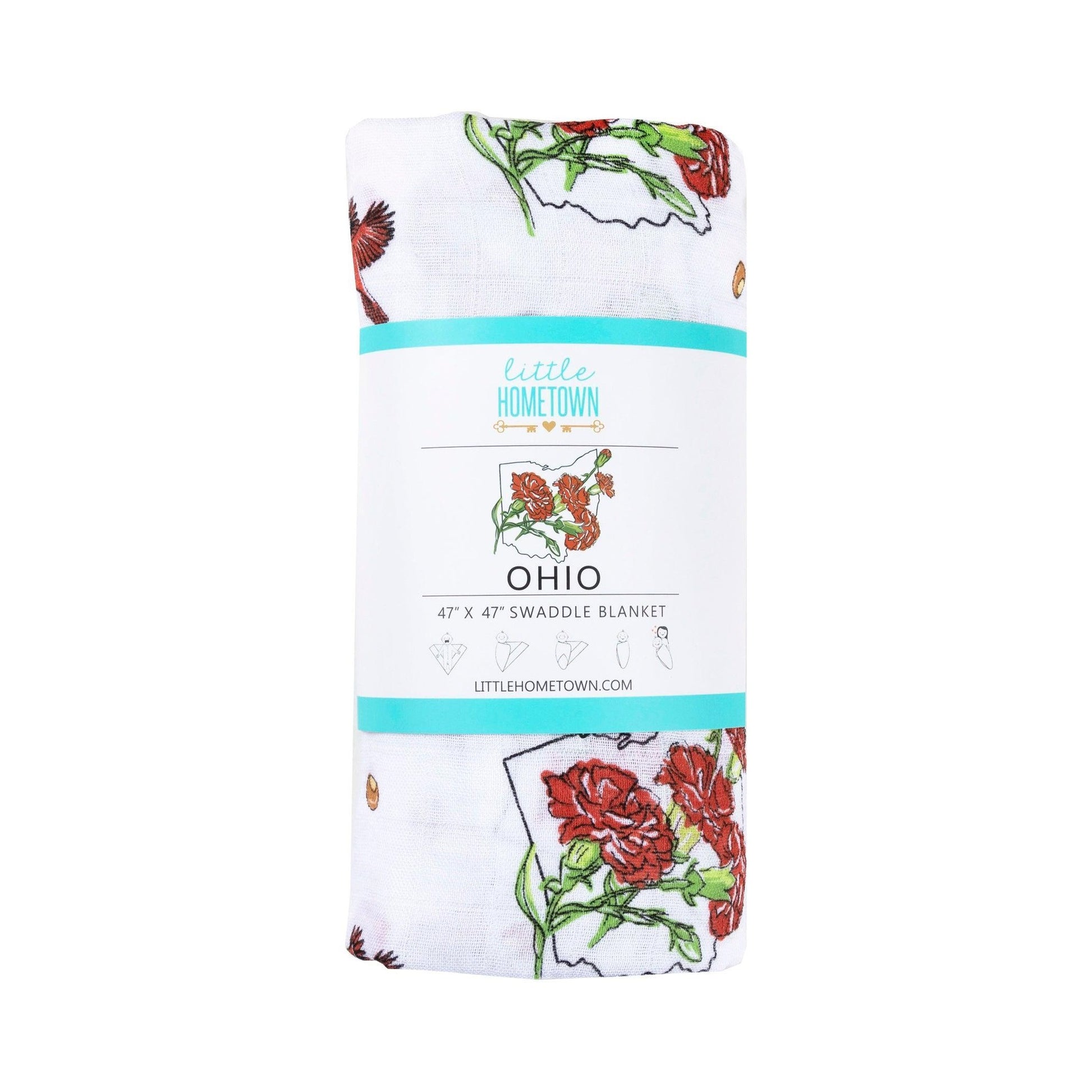 Ohio-themed baby muslin swaddle blanket with delicate floral pattern, featuring "Little Hometown" branding.
