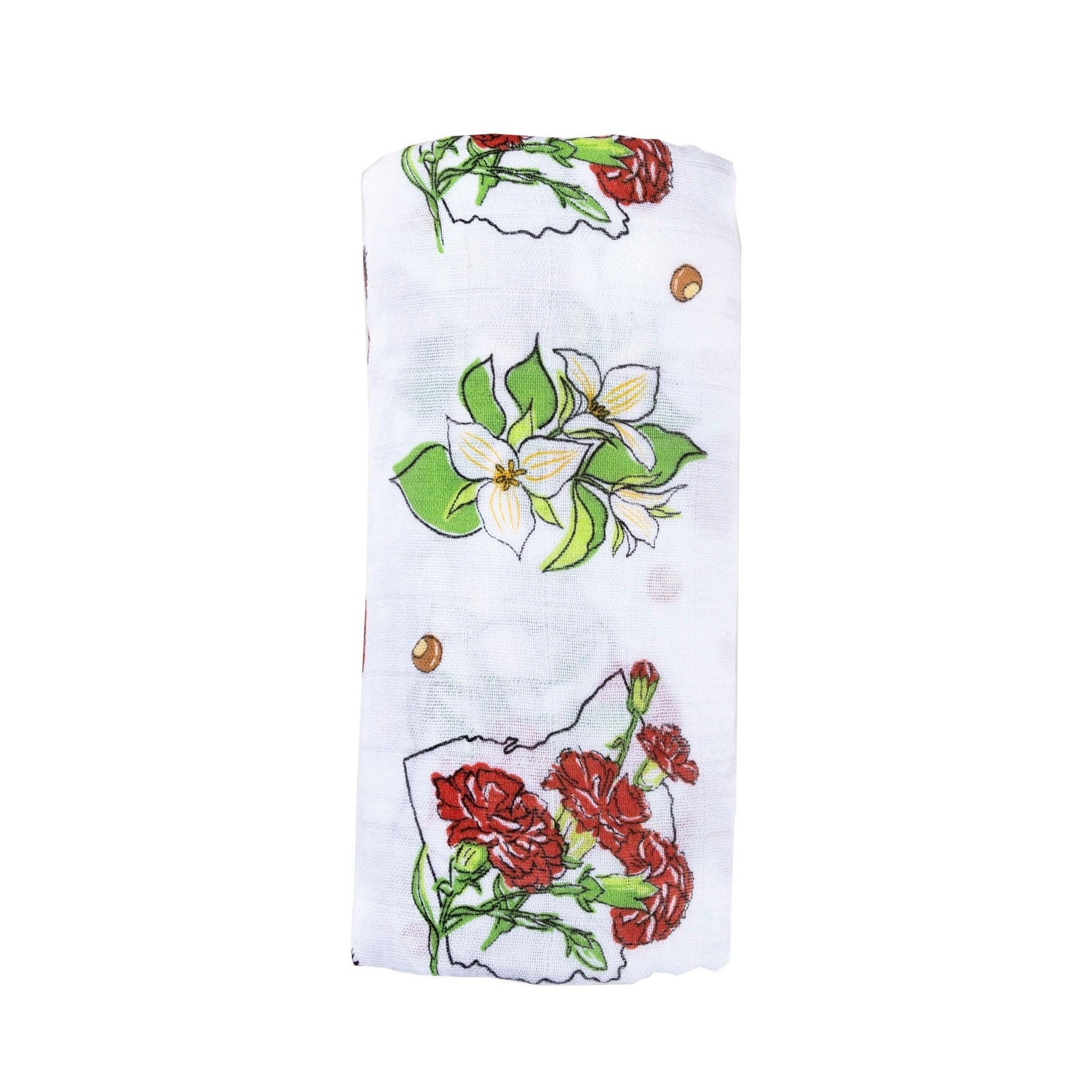 Soft muslin swaddle blanket with delicate floral pattern, featuring "Ohio Baby" text in elegant script.