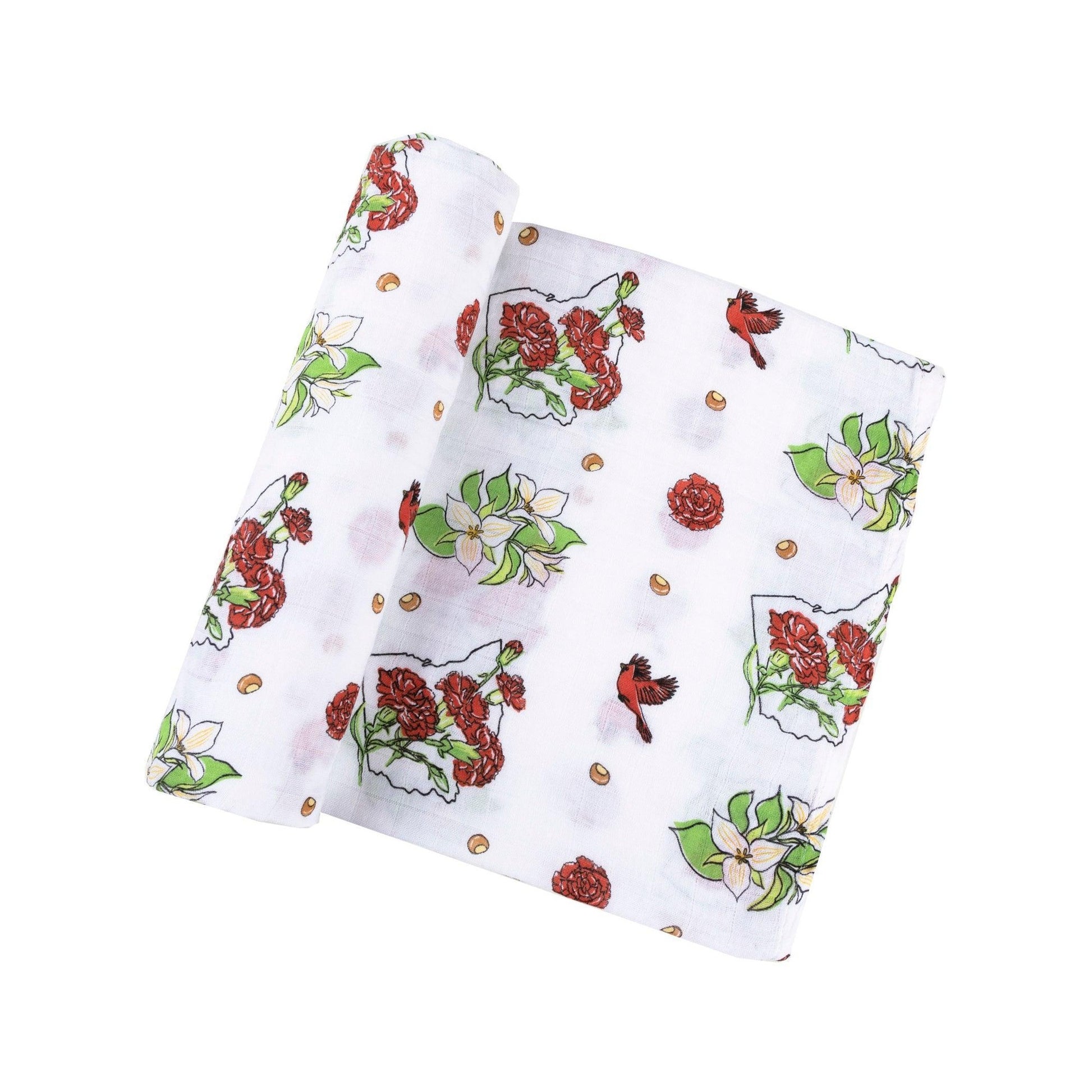 Soft muslin swaddle blanket with delicate floral pattern in pastel colors, featuring "Ohio Baby" text.