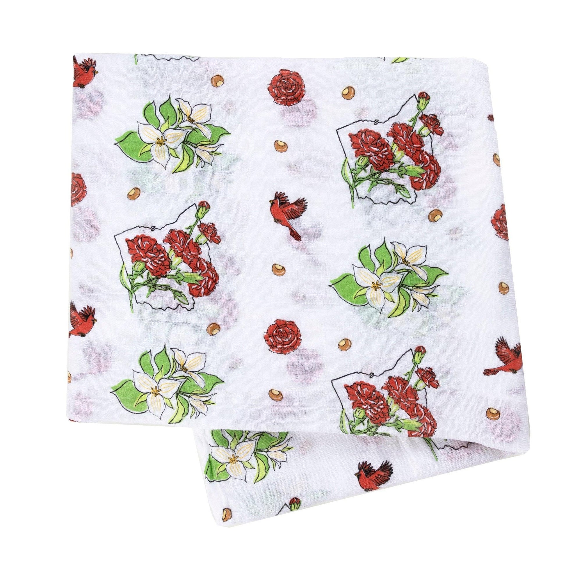 Soft muslin swaddle blanket with delicate floral pattern in pastel colors, featuring "Ohio Baby" text.