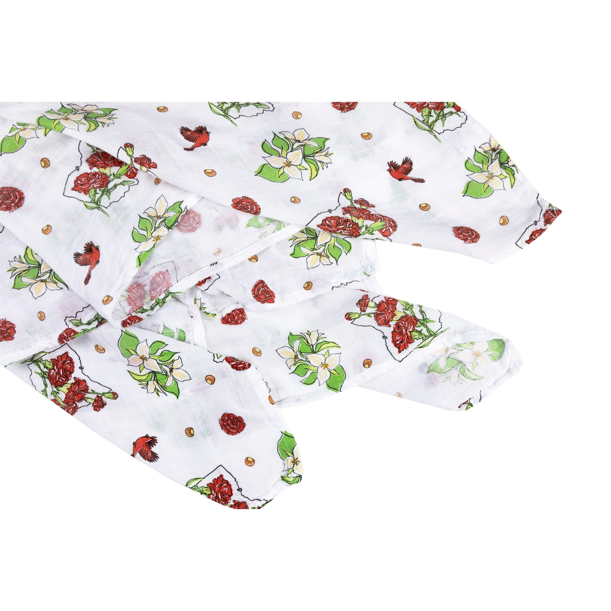 Ohio-themed baby muslin swaddle blanket with floral design, featuring "Ohio" text and state outline in soft pastels.