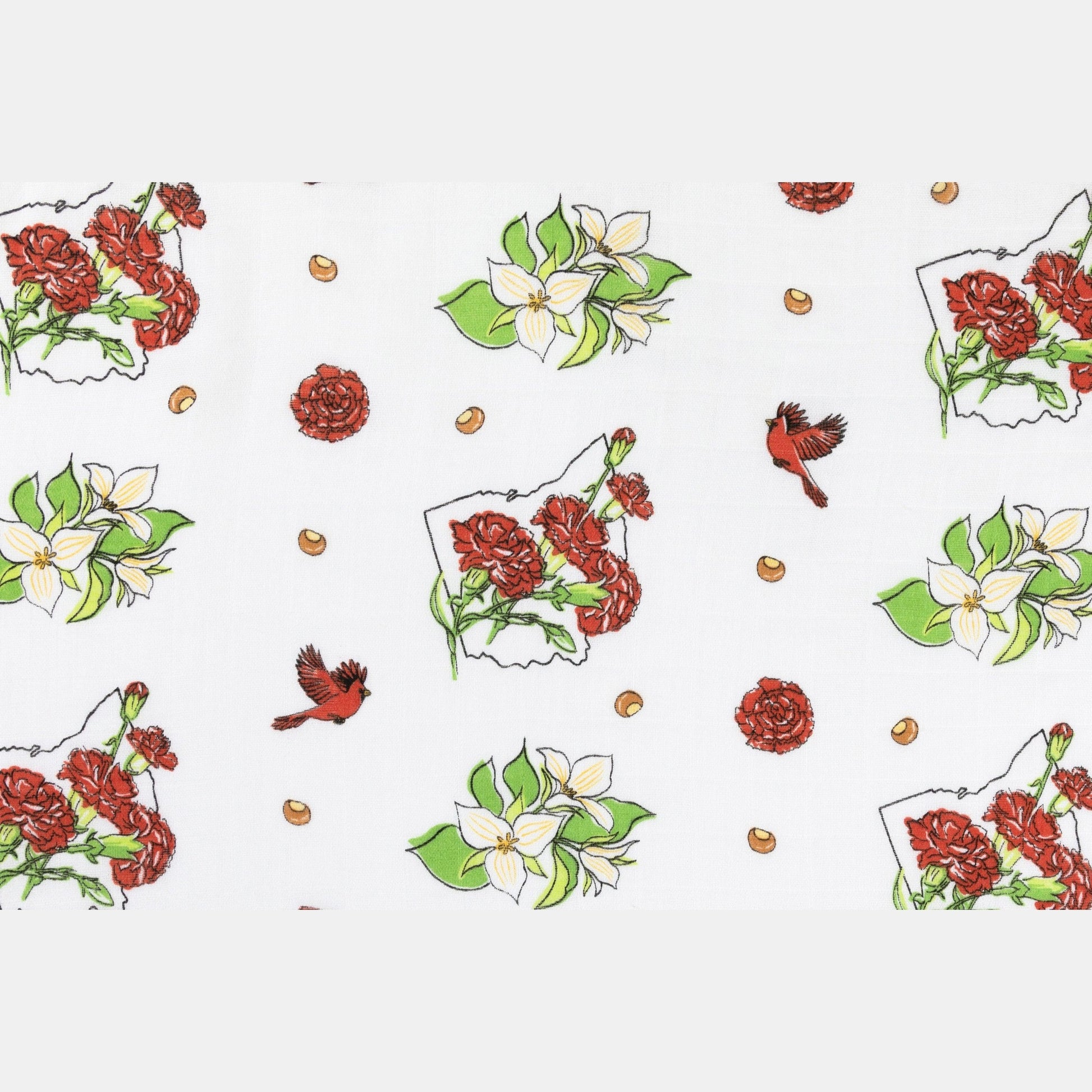 Ohio-themed baby muslin swaddle blanket with floral design, featuring "Ohio" text and state outline in soft pastels.