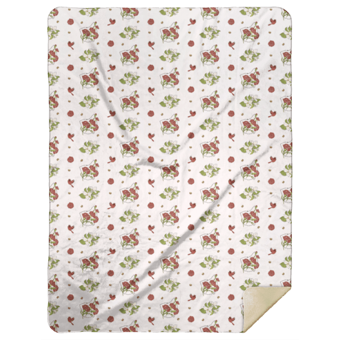 The Ohio Floral plush throw blanket, printed with small red carnations and folded back to show its cream backing.
