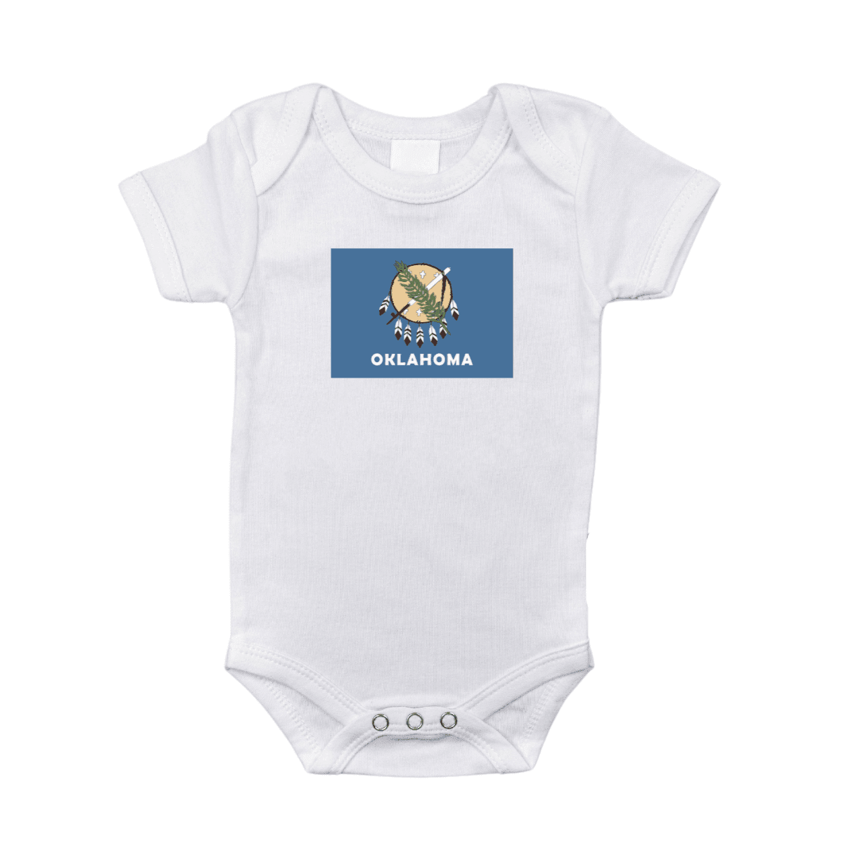 The Oklahoma Flag baby onesie, a soft white bodysuit printed with the blue state flag and its shield.