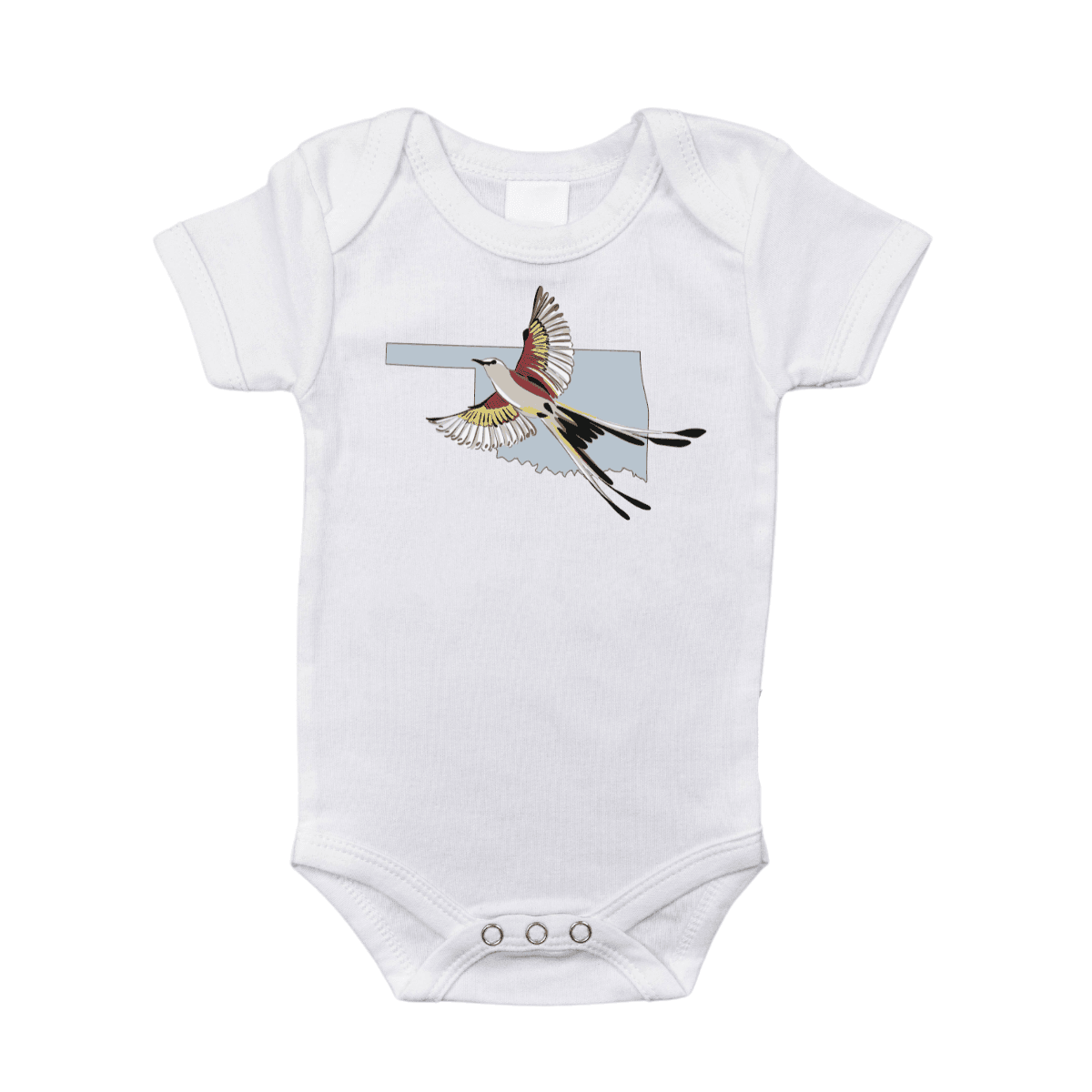 The Oklahoma Scissortail baby onesie in white, printed with the state outline and its little namesake bird.