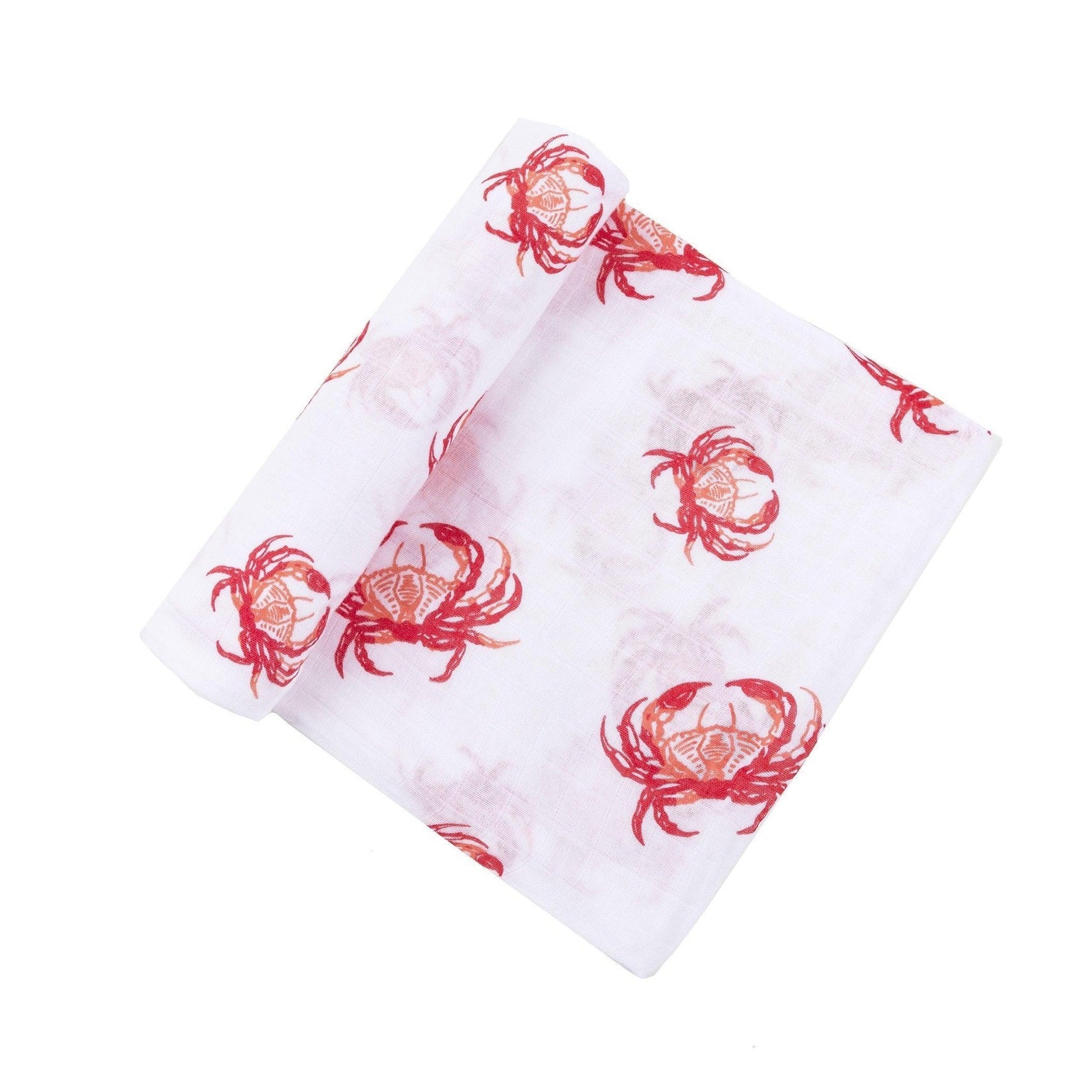 Soft pink muslin swaddle blanket with cute crab illustrations, perfect for newborns and baby showers.