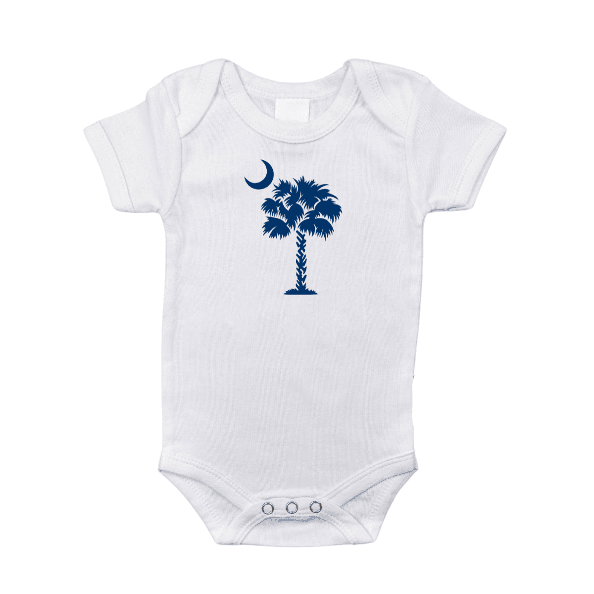 The South Carolina Palmetto Moon baby onesie in white, carrying the palmetto and crescent moon.