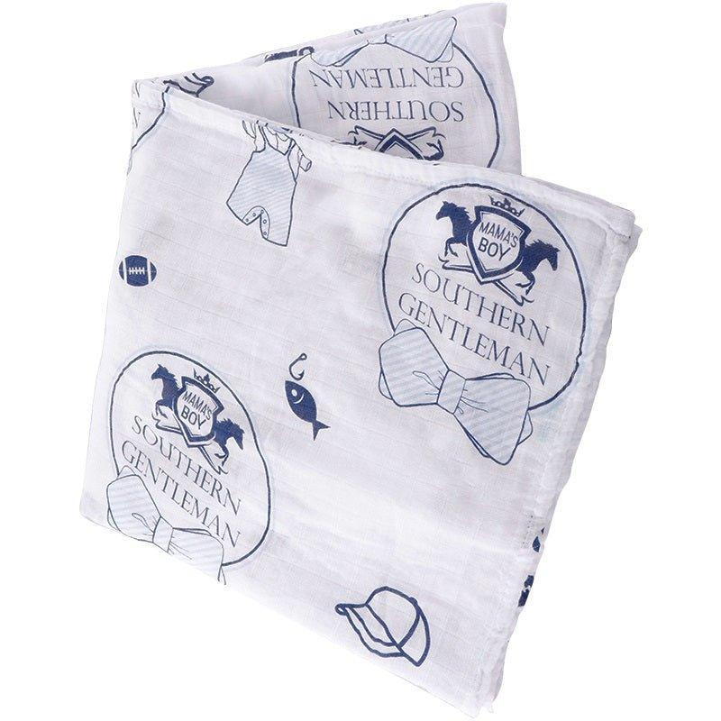 Southern Gentleman baby boy muslin swaddle blanket with blue bow ties and mustaches on a white background.