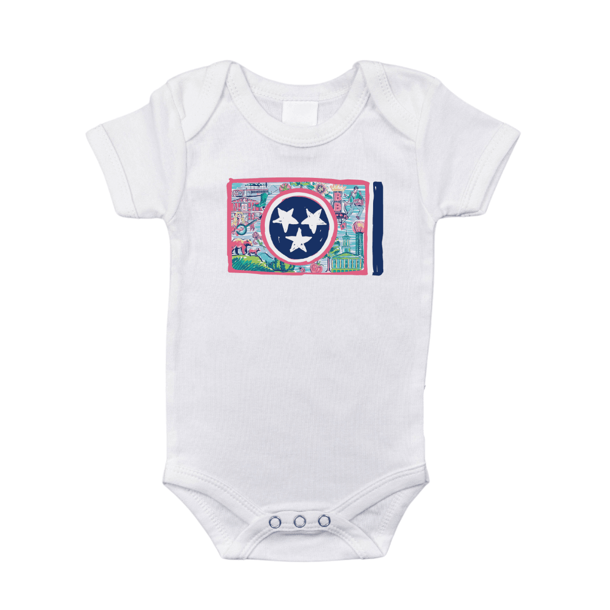 The Tennessee Flag baby onesie in white, printed with the tri star state flag across the front.