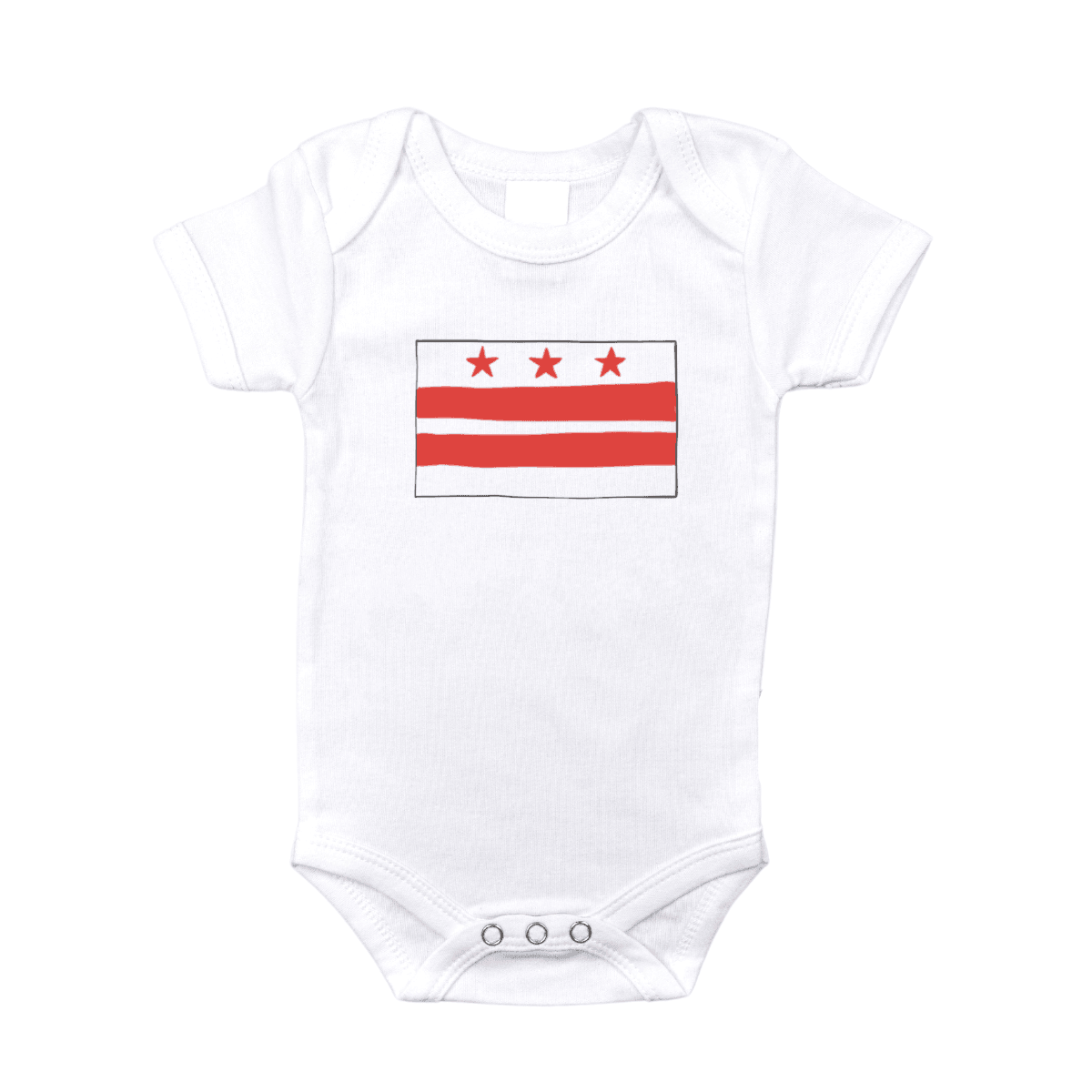 The Washington D.C. Flag baby onesie in white, printed with the red stars and bars of the city flag.
