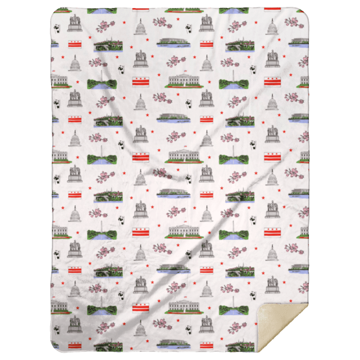 The Washington D.C. plush throw blanket shown full size with monuments and cherry blossoms.