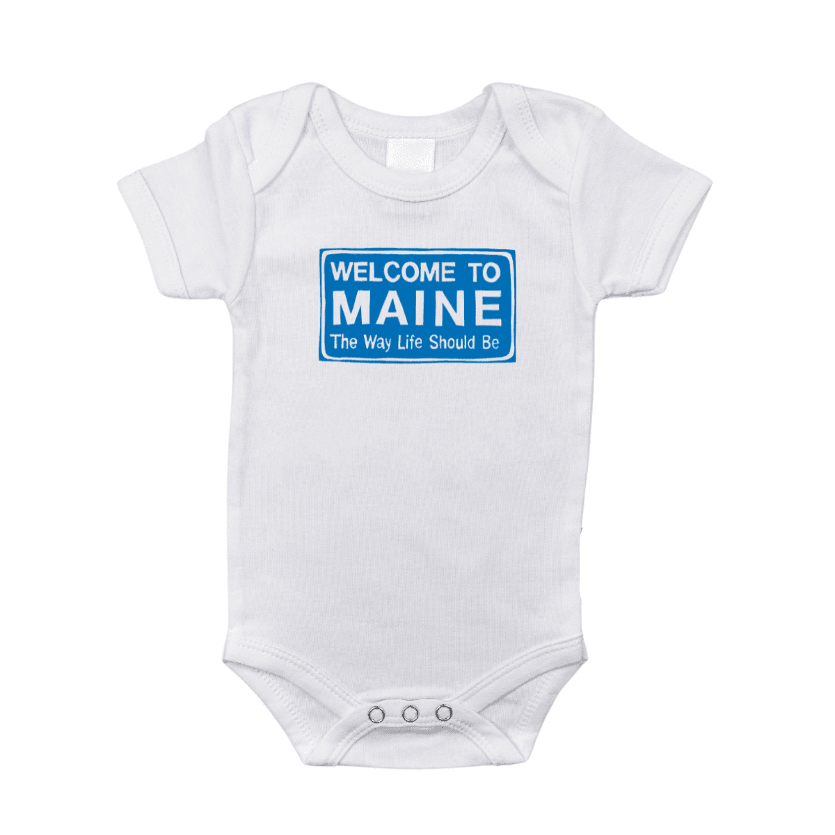 The Welcome to Maine baby onesie in white, printed with the blue highway sign that greets you home.