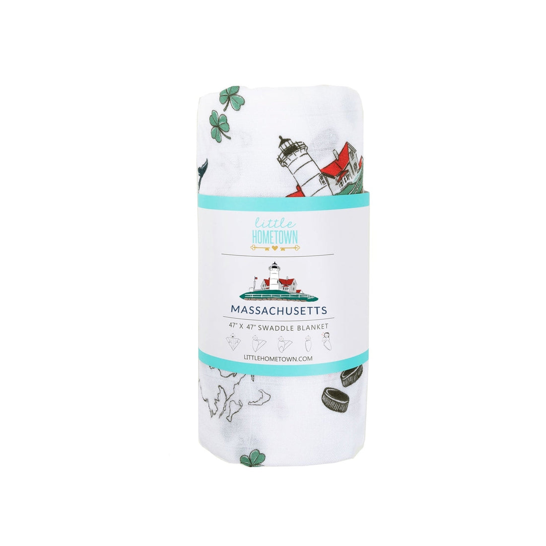 Massachusetts baby muslin swaddle blanket printed with lobsters, whales and Nobska Lighthouse