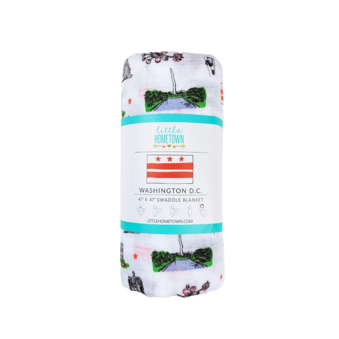 Washington DC baby muslin swaddle printed with cherry blossoms, monuments and pandas