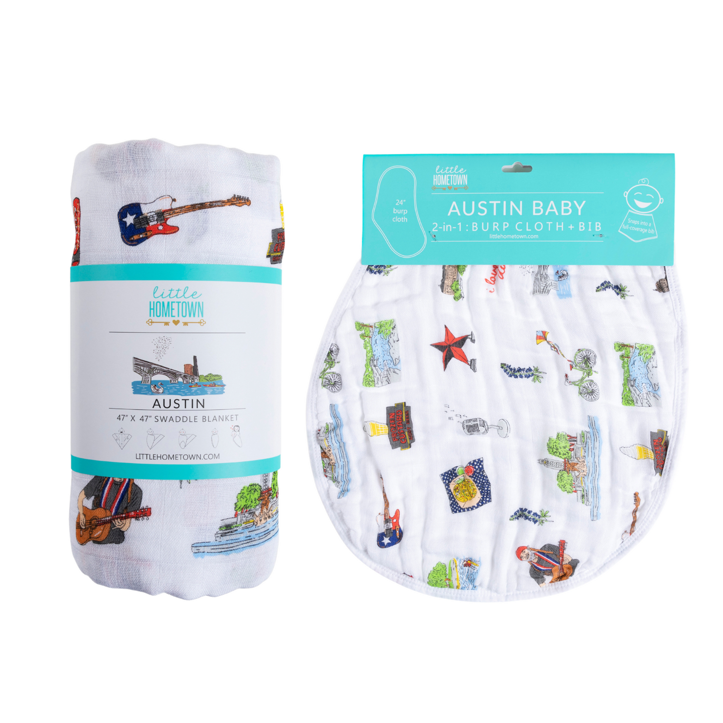 GiftSet: Austin Baby Muslin Swaddle Blanket and Burp Cloth/Bib Combo Extra Large Bamboo Cotton