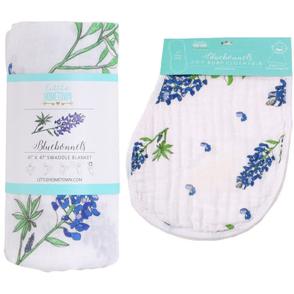 Gift Set: Bluebonnets Baby Muslin Swaddle Blanket and Burp Cloth/Bib Combo Soft Breathable Bamboo Cotton