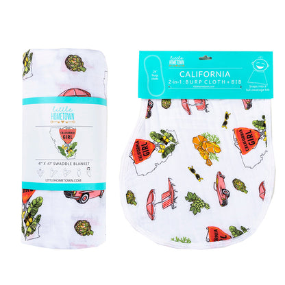 Gift Set: California Girl Muslin Swaddle Blanket and Burp Cloth/Bib Combo Newborn Essentials for Feeding and Comfort