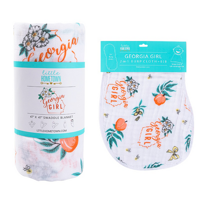 Gift Set: Georgia Girl Muslin Swaddle Blanket and Burp Cloth/Bib Combo Baby Shower Essential for Newborn
