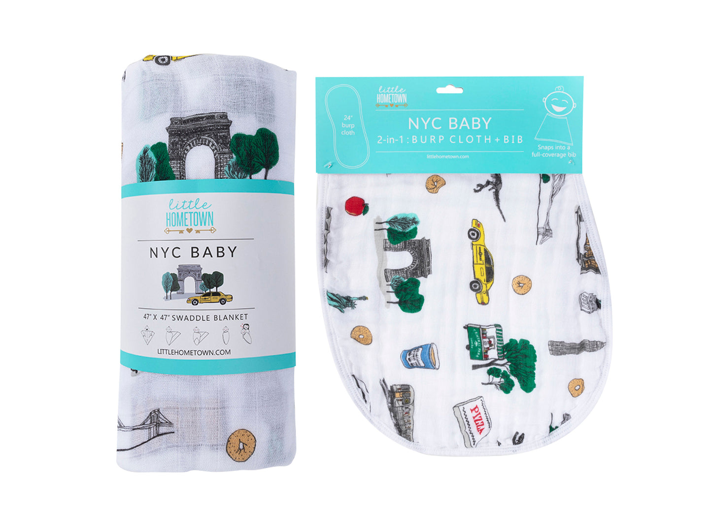 Gift Set: New York City Baby Muslin Swaddle Blanket and Burp Cloth/Bib Combo Extra Large Bamboo Cotton