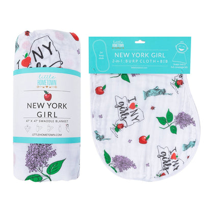 Gift Set: New York Girl Baby Muslin Swaddle Blanket and Burp Cloth/Bib Combo Newborn Essentials for Feeding and Comfort