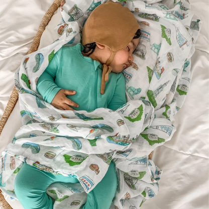 Gift Set: Chicago Baby Muslin Swaddle Blanket and Burp Cloth/Bib Combo Baby Shower Essential for Newborn