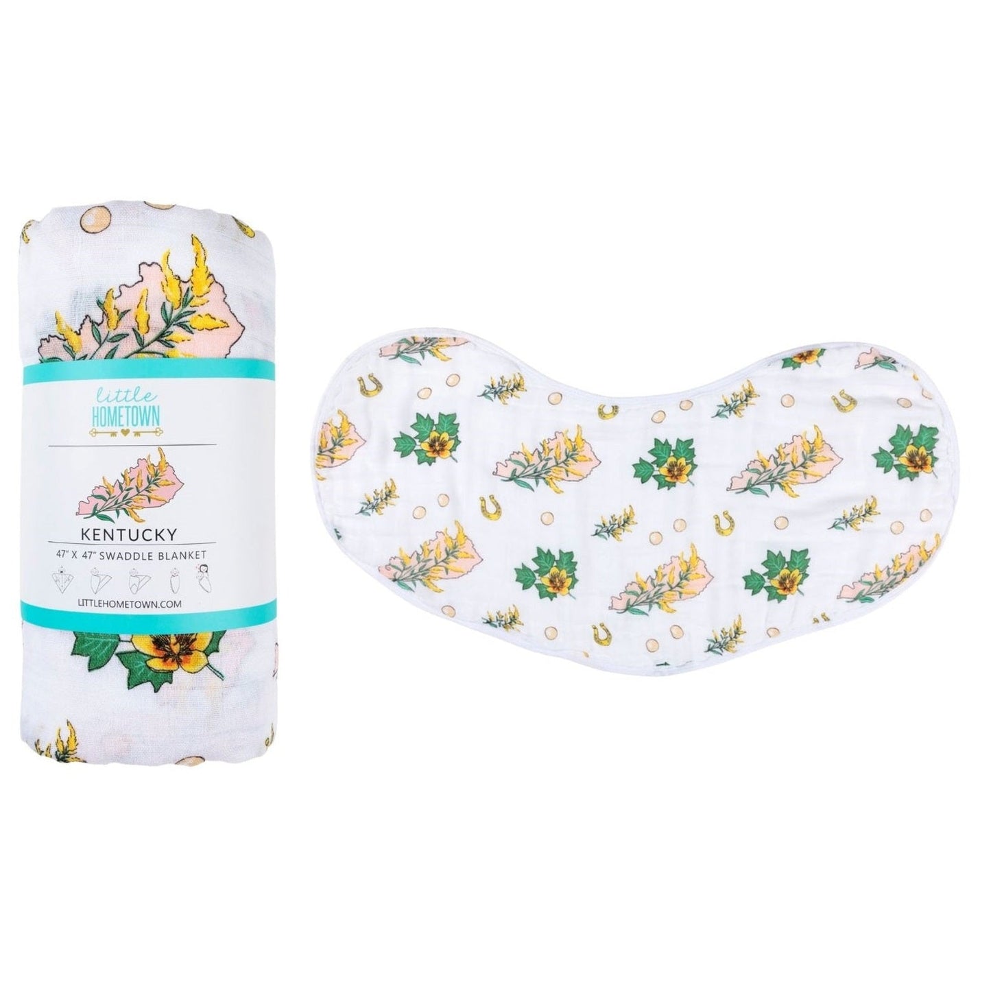 Gift Set: Kentucky Baby Muslin Swaddle Blanket and Burp Cloth/Bib Combo (Floral) Newborn Essentials for Feeding and Comfort