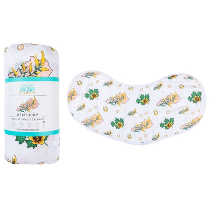Gift Set: Kentucky Baby Muslin Swaddle Blanket and Burp Cloth/Bib Combo (Floral) Newborn Essentials for Feeding and Comfort