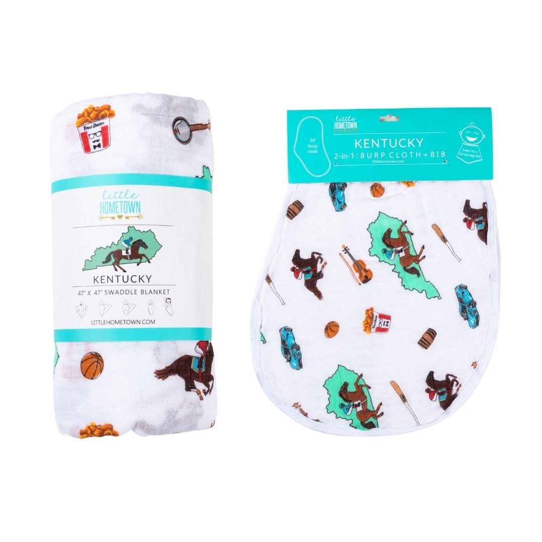 Gift Set: Kentucky Baby Muslin Swaddle Blanket and Burp Cloth/Bib Combo Hospital Coming Home Essential