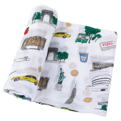 Gift Set: New York City Baby Muslin Swaddle Blanket and Burp Cloth/Bib Combo Extra Large Bamboo Cotton