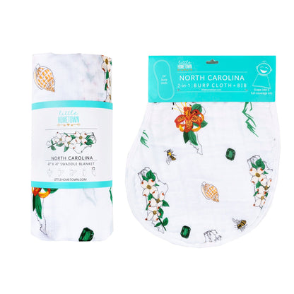Gift Set: North Carolina Baby Muslin Swaddle Blanket and Burp Cloth/Bib Combo (Floral) Baby Shower Essential for Newborn