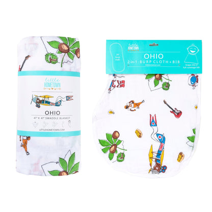 Gift Set: Ohio Baby Muslin Swaddle Receiving Blanket and Burp Cloth / Bib Combo Hospital Coming Home Essential
